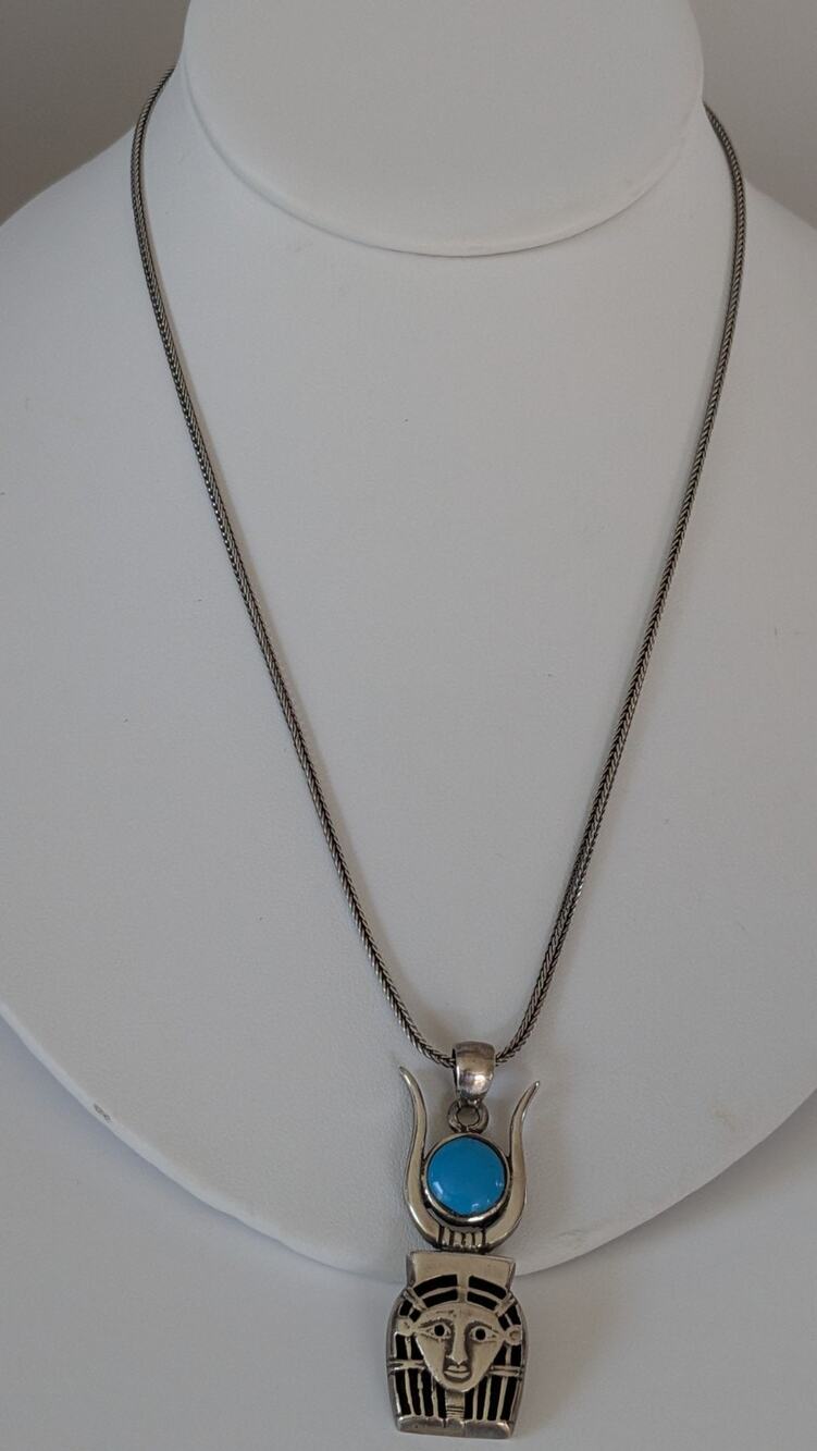 925 Sterling Silver Egyptian Pendant Necklace Blue Round Stone 23in Rope Chain